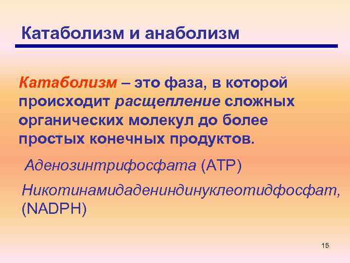 Катаболизм и анаболизм Катаболизм – это фаза, в которой происходит расщепление сложных органических молекул