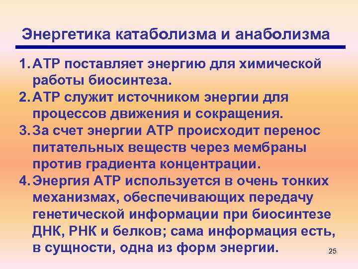 Энергетика катаболизма и анаболизма 1. АТР поставляет энергию для химической работы биосинтеза. 2. АТР