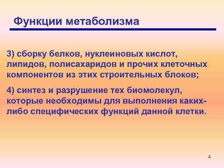 Функции метаболизма 3) сборку белков, нуклеиновых кислот, липидов, полисахаридов и прочих клеточных компонентов из