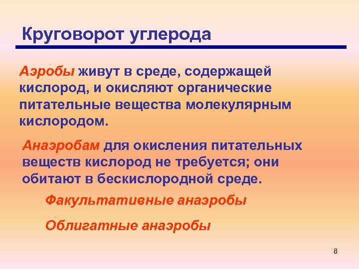 Круговорот углерода Аэробы живут в среде, содержащей кислород, и окисляют органические питательные вещества молекулярным
