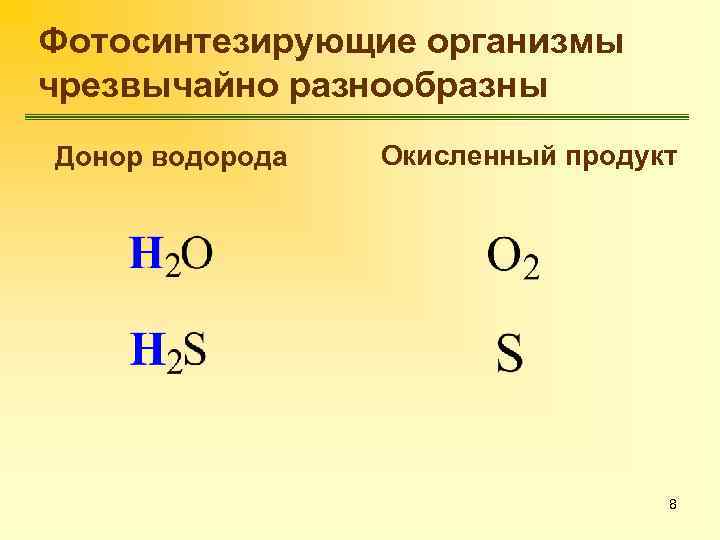 Фотосинтезирующие организмы чрезвычайно разнообразны Донор водорода Окисленный продукт 8 