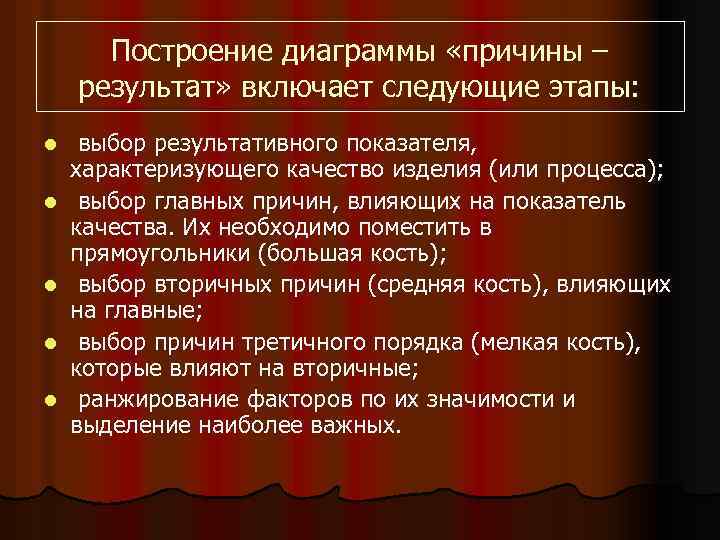 Построение диаграммы «причины – результат» включает следующие этапы: l l l выбор результативного показателя,