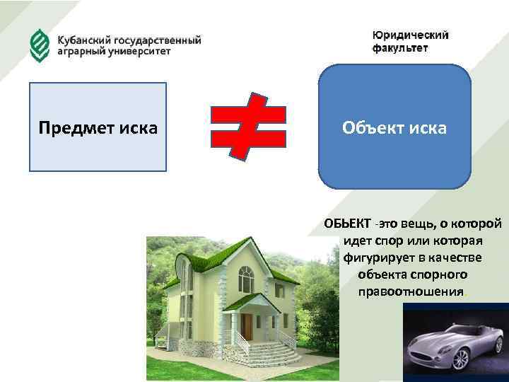 Предмет иска Объект иска ОБЬЕКТ -это вещь, о которой идет спор или которая фигурирует