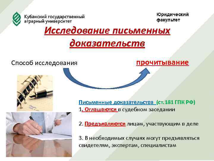 Исследование письменных доказательств Способ исследования прочитывание Письменные доказательства (ст. 181 ГПК РФ) 1. Оглашаются