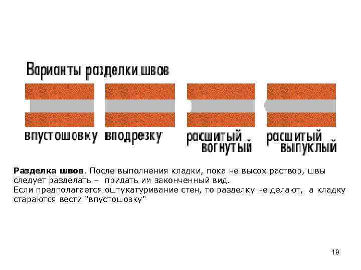Разделка швов. После выполнения кладки, пока не высох раствор, швы следует разделать – придать