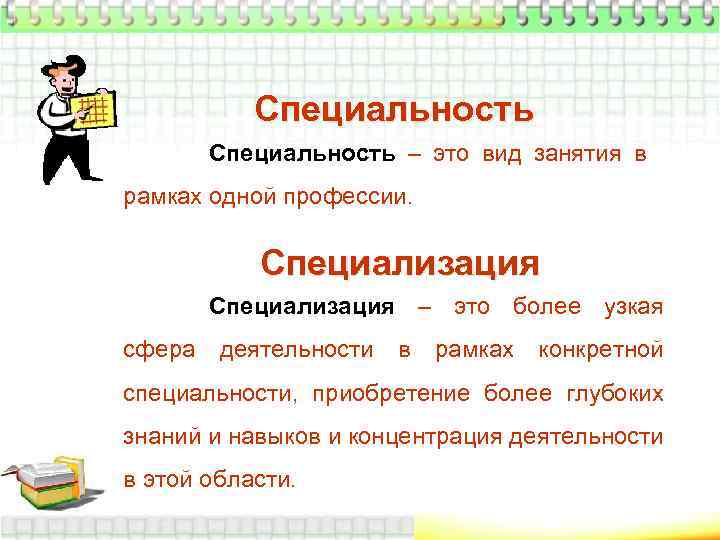 Специальность – это вид занятия в рамках одной профессии. Специализация – это более узкая