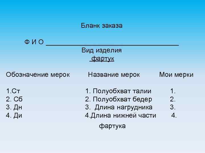 Бланк заказа Ф И О __________________ Вид изделия фартук Обозначение мерок 1. Ст 2.