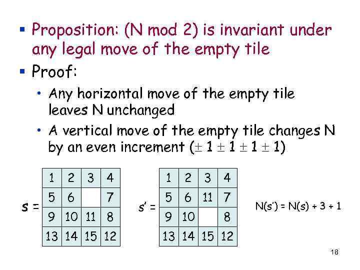 § Proposition: (N mod 2) is invariant under any legal move of the empty