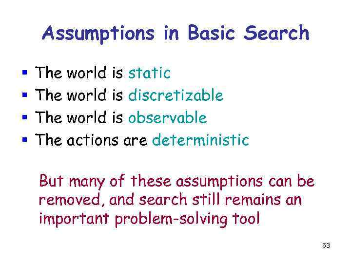Assumptions in Basic Search § § The world is static The world is discretizable