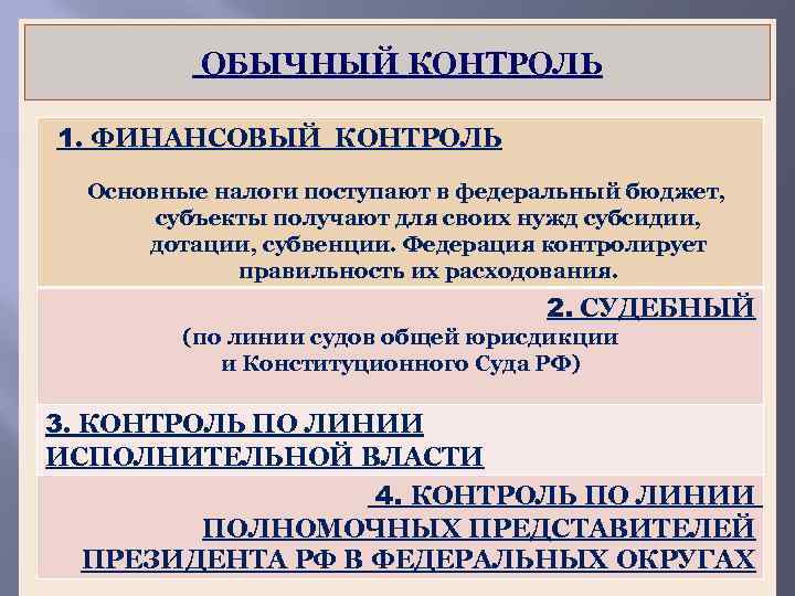 ОБЫЧНЫЙ КОНТРОЛЬ 1. ФИНАНСОВЫЙ КОНТРОЛЬ Основные налоги поступают в федеральный бюджет, субъекты получают для
