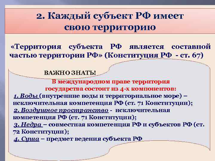 2. Каждый субъект РФ имеет свою территорию «Территория субъекта РФ является составной частью территории