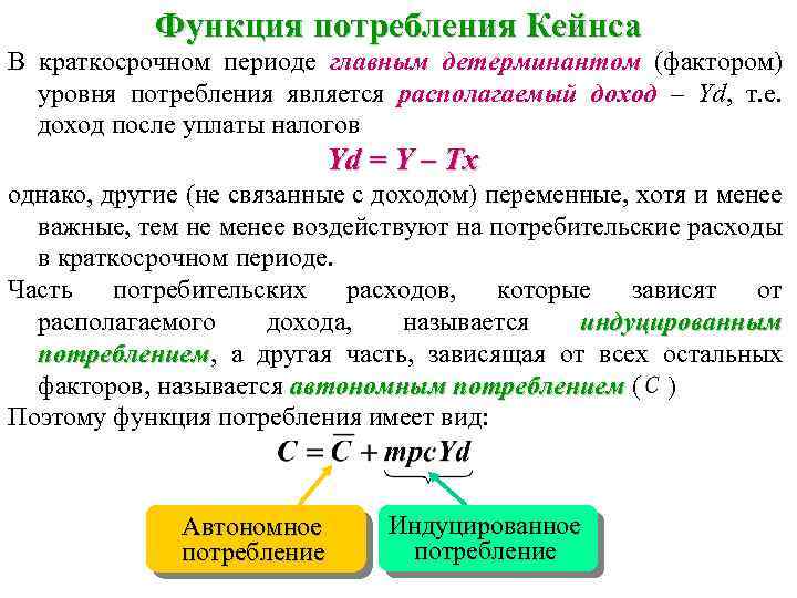 Функция потребления Кейнса В краткосрочном периоде главным детерминантом (фактором) уровня потребления является располагаемый доход