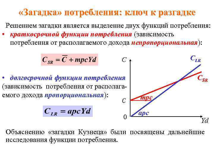  «Загадка» потребления: ключ к разгадке Решением загадки является выделение двух функций потребления: •