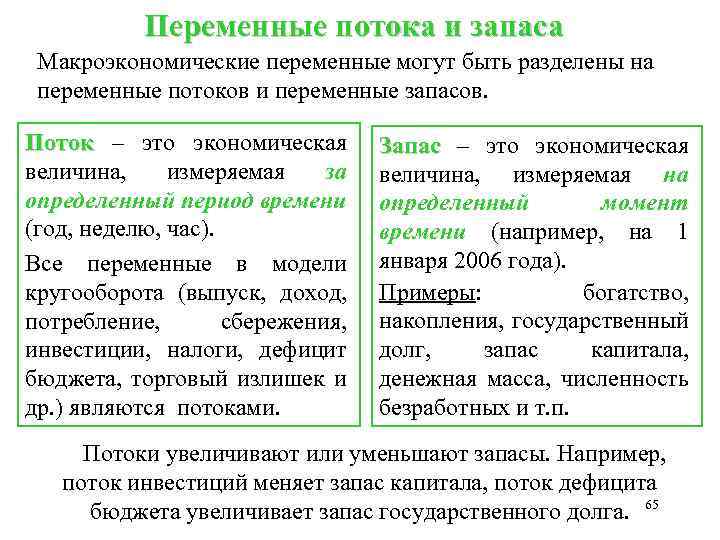 Переменные потока и запаса Макроэкономические переменные могут быть разделены на переменные потоков и переменные