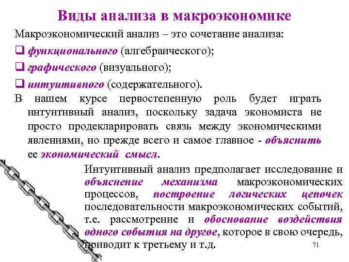 Виды анализа в макроэкономике Макроэкономический анализ – это сочетание анализа: q функционального (алгебраического); q