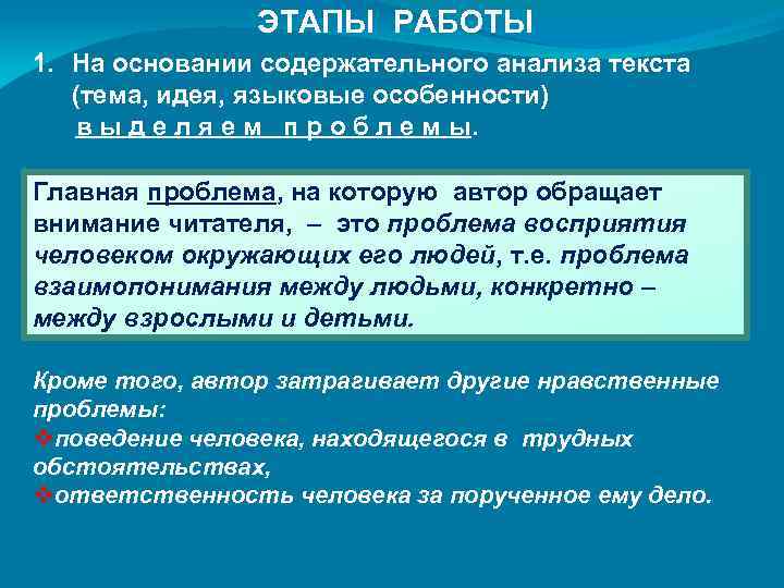 ЭТАПЫ РАБОТЫ 1. На основании содержательного анализа текста (тема, идея, языковые особенности) в ы