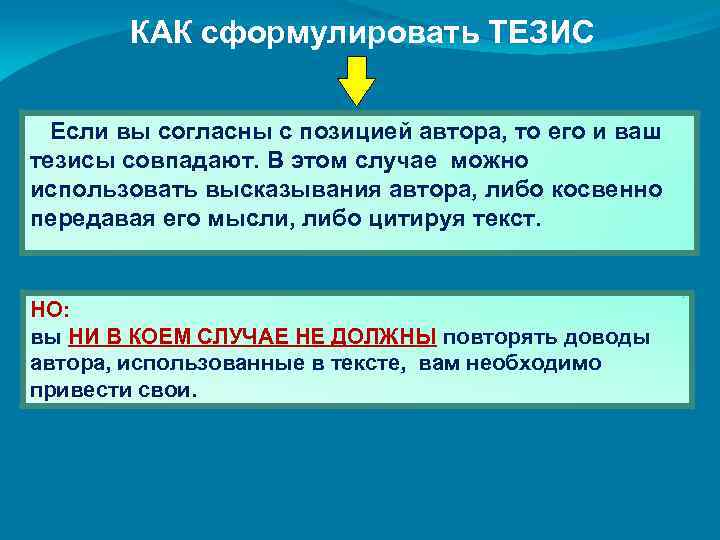 КАК сформулировать ТЕЗИС Если вы согласны с позицией автора, то его и ваш тезисы