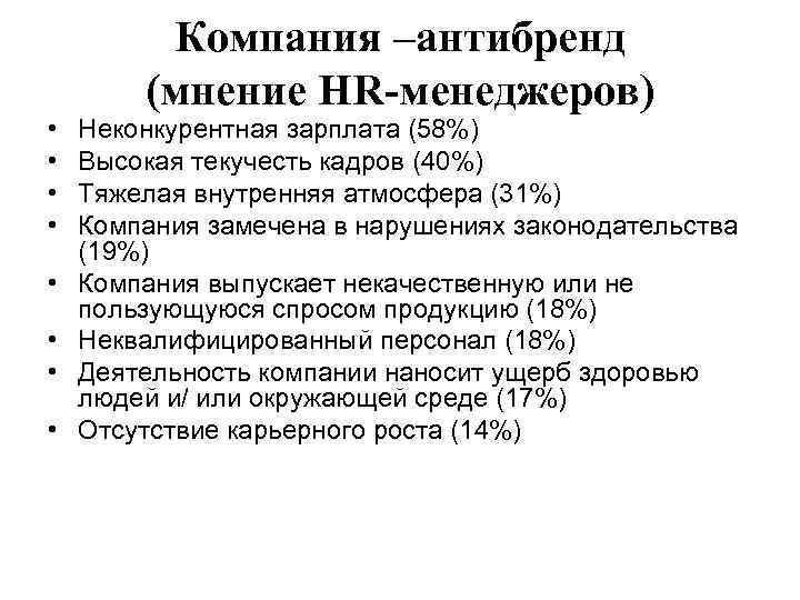  • • Компания –антибренд (мнение HR-менеджеров) Неконкурентная зарплата (58%) Высокая текучесть кадров (40%)