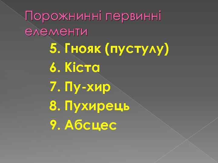 Порожнинні первинні елементи 5. Гнояк (пустулу) 6. Кіста 7. Пу хир 8. Пухирець 9.