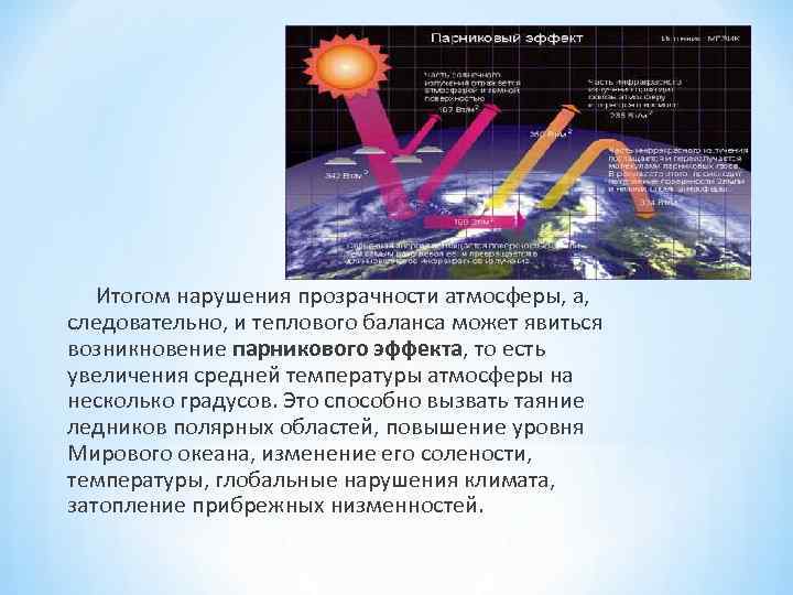  Итогом нарушения прозрачности атмосферы, а, следовательно, и теплового баланса может явиться возникновение парникового