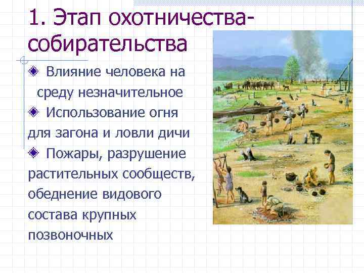 1. Этап охотничества собирательства Влияние человека на среду незначительное Использование огня для загона и