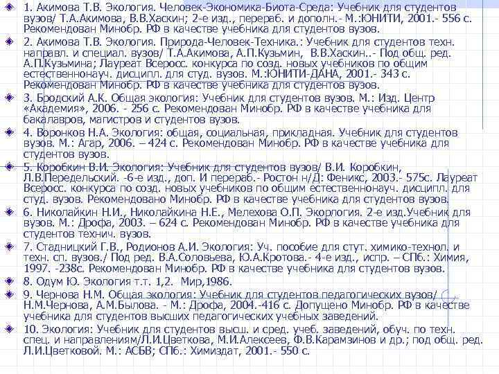 1. Акимова Т. В. Экология. Человек Экономика Биота Среда: Учебник для студентов вузов/ Т.