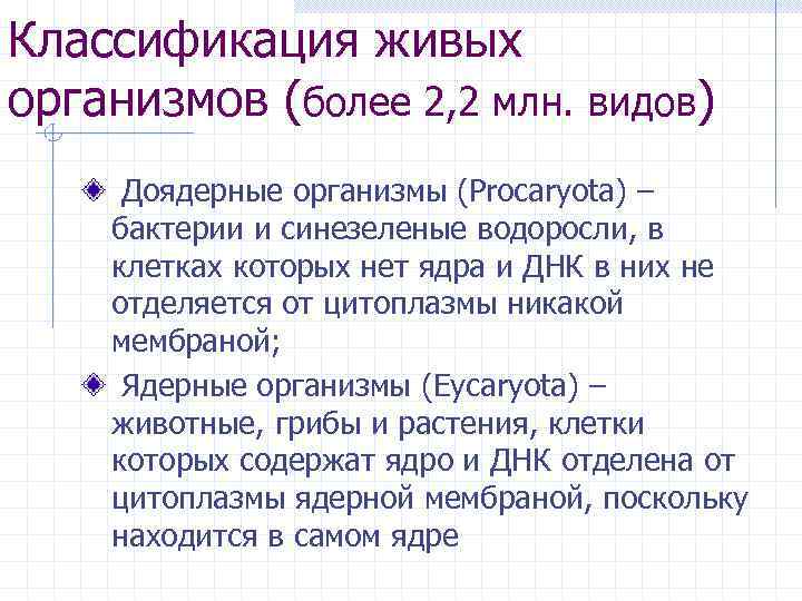 Классификация живых организмов (более 2, 2 млн. видов) Доядерные организмы (Procaryota) – бактерии и