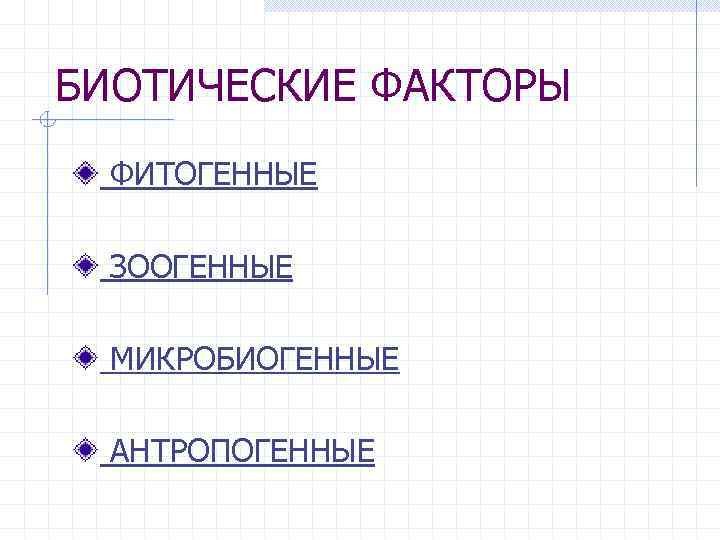 БИОТИЧЕСКИЕ ФАКТОРЫ ФИТОГЕННЫЕ ЗООГЕННЫЕ МИКРОБИОГЕННЫЕ АНТРОПОГЕННЫЕ 