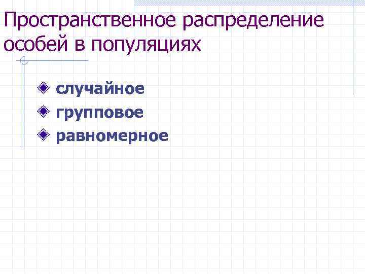 Пространственное распределение особей в популяциях случайное групповое равномерное 