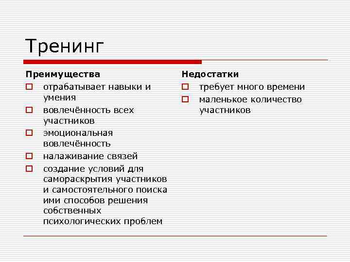 Методы тренинга. Преимущества тренинга. Достоинства тренинга. Минусы тренингов. Тренинг преимущества и недостатки.