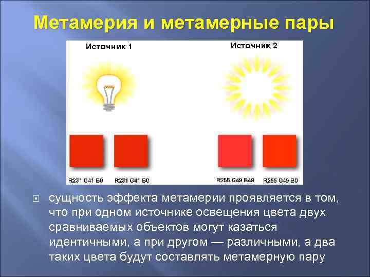 Метамерия и метамерные пары сущность эффекта метамерии проявляется в том, что при одном источнике