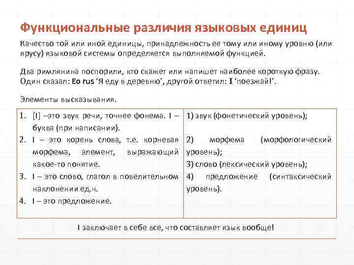 Функциональные различия языковых единиц Качество той или иной единицы, принадлежность ее тому или иному