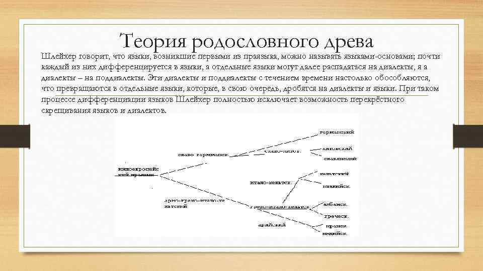 Теория родословного древа Шлейхер говорит, что языки, возникшие первыми из праязыка, можно называть языками-основами;