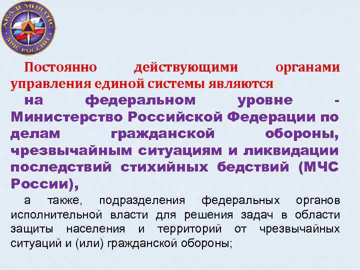 Постоянно действующими органами управления единой системы являются: на федеральном уровне Министерство Российской Федерации по