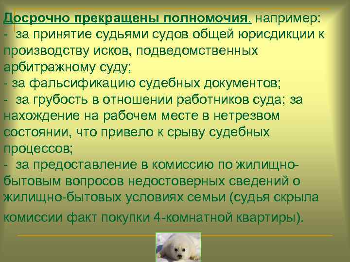 Досрочно прекращены полномочия, например: - за принятие судьями судов общей юрисдикции к производству исков,