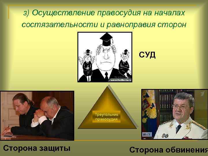 з) Осуществление правосудия на началах состязательности и равноправия сторон СУД Треугольник правосудия Сторона защиты