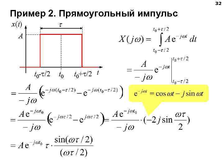 32 Пример 2. Прямоугольный импульс x(t) A t 0 - /2 t 0+ /2