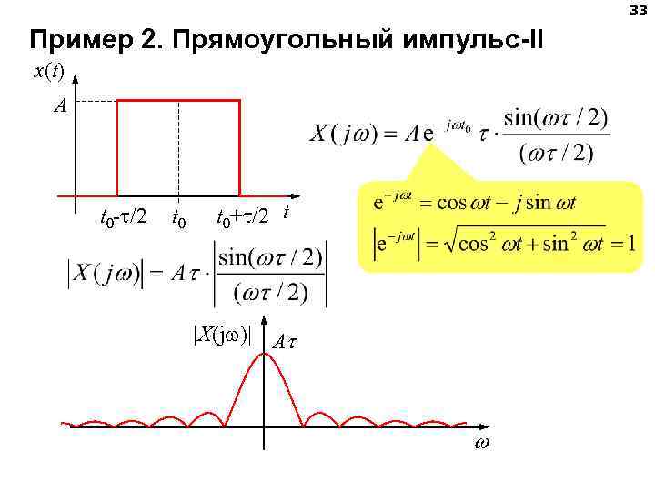 33 Пример 2. Прямоугольный импульс-II x(t) A t 0 - /2 t 0+ /2