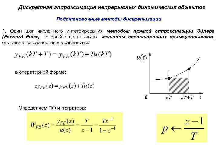 Дискретная аппроксимация непрерывных динамических объектов Подстановочные методы дискретизации 1. Один шаг численного интегрирования методом