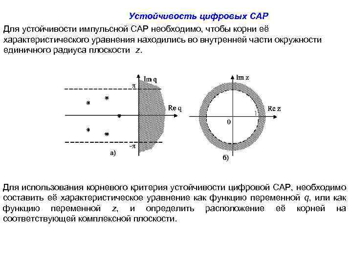 Устойчивость цифровых САР Для устойчивости импульсной САР необходимо, чтобы корни её характеристического уравнения находились