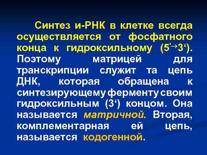 Синтез и-РНК в клетке всегда осуществляется от фосфатного конца к гидроксильному (5' 3‘). Поэтому