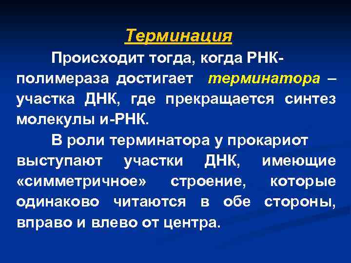 Терминация Происходит тогда, когда РНКполимераза достигает терминатора – участка ДНК, где прекращается синтез молекулы