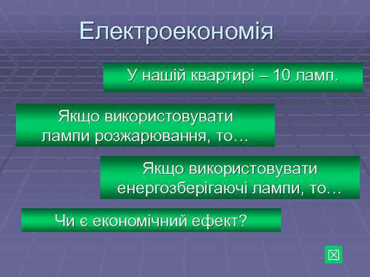 Електроекономія У нашій квартирі – 10 ламп. Якщо використовувати лампи розжарювання, то… Якщо використовувати