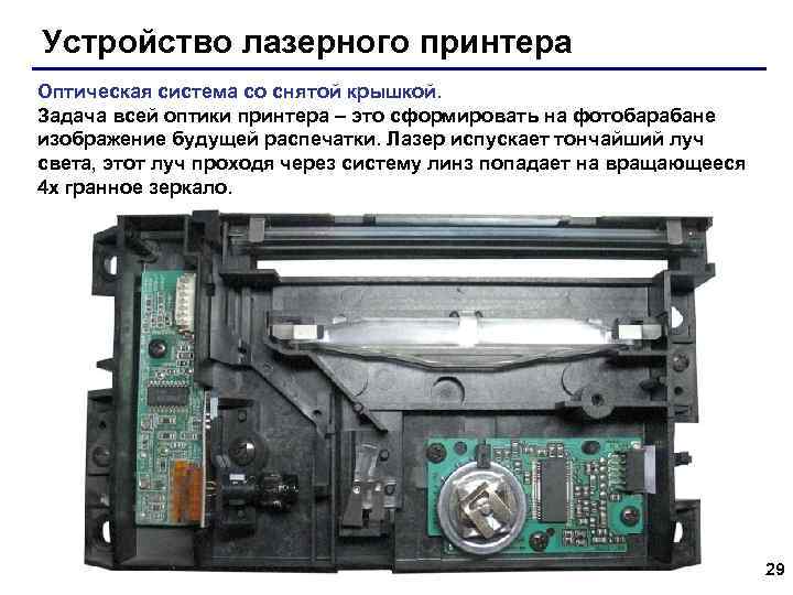Устройство лазерного принтера Оптическая система со снятой крышкой. Задача всей оптики принтера – это