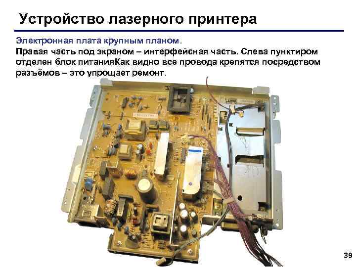 Устройство лазерного принтера Электронная плата крупным планом. Правая часть под экраном – интерфейсная часть.