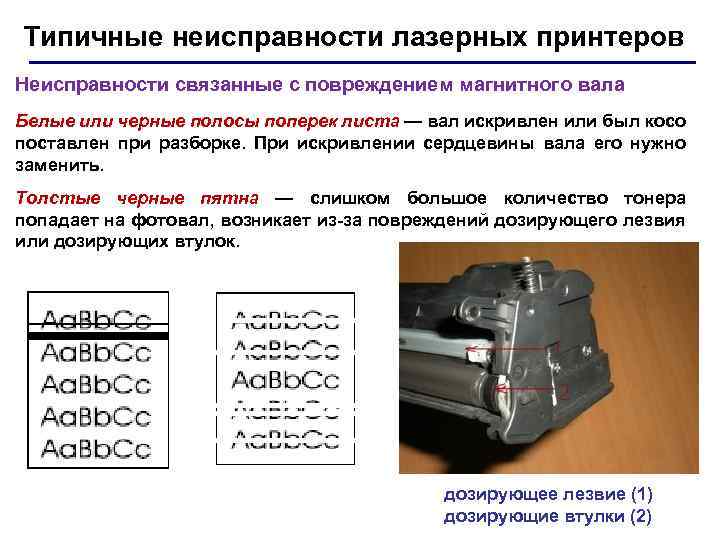 Типичные неисправности лазерных принтеров Неисправности связанные с повреждением магнитного вала Белые или черные полосы