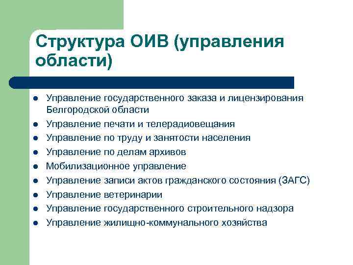 Структура ОИВ (управления области) l l l l l Управление государственного заказа и лицензирования