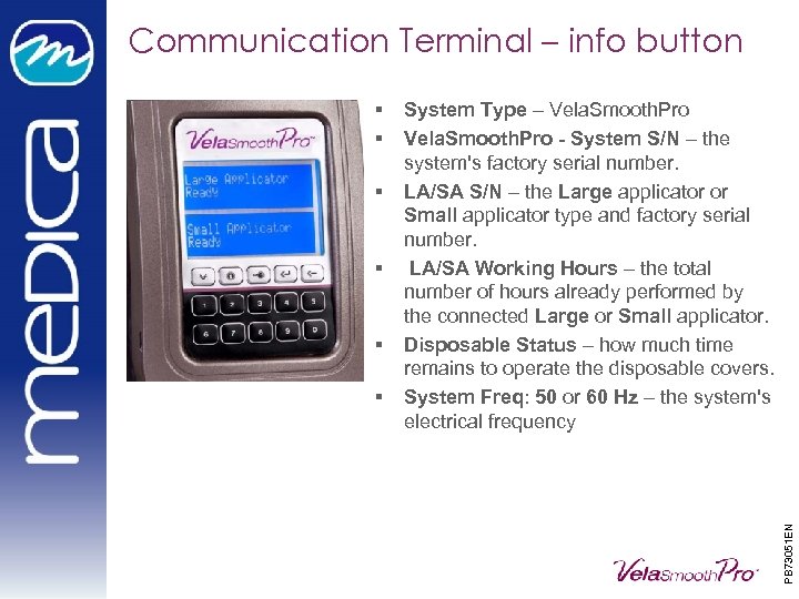 Communication Terminal – info button § § System Type – Vela. Smooth. Pro -