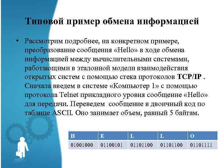 Типовой пример обмена информацией • Рассмотрим подробнее, на конкретном примере, преобразование сообщения «Hello» в