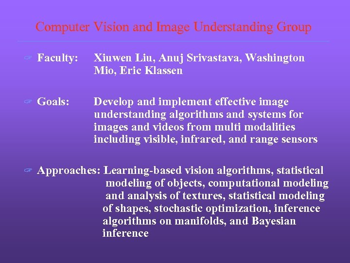 Computer Vision and Image Understanding Group ? Faculty: Xiuwen Liu, Anuj Srivastava, Washington Mio,